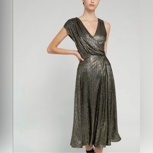 Alice + Olivia Metallic Olive Green Wrap Midi Dress